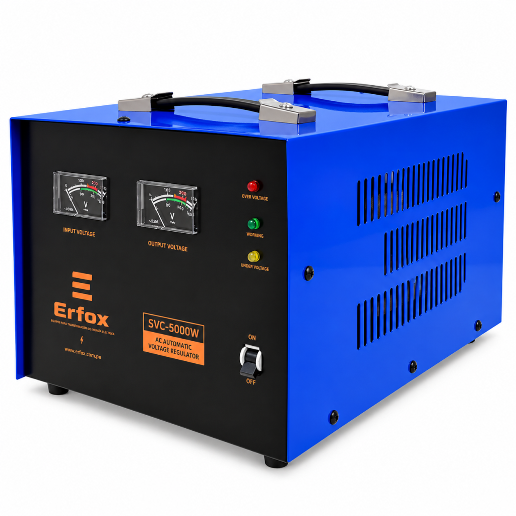 Vista frontal del Estabilizador Servomotor ERFOX SVC-5000W 220V para aplicaciones comerciales y profesionales