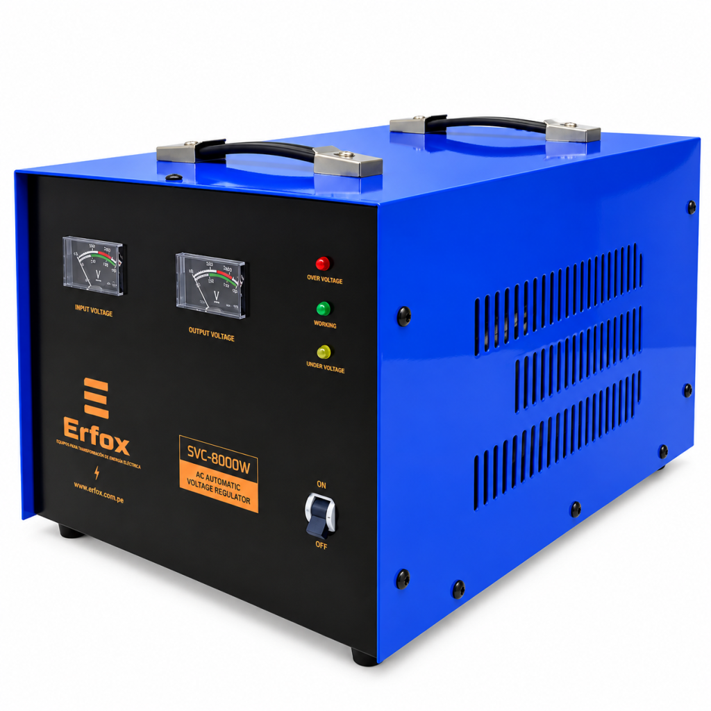 Estabilizador Servomotor ERFOX SVC-8000W 220V para mantener un voltaje estable en equipos eléctricos